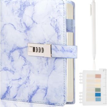 Marble-patterned lockable diary, 192 pages, standard college line spacing, with lock, waterproof, A5 size, designed for women, cute girly diary (purple).