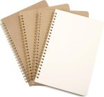 A5 blank spiral notebooks, 4-pack of A5 spiral-bound notebooks, 100 pages/50 blank sheets, kraft paper cover, spiral binding, suitable for sketching, diaries, notes, and planning.