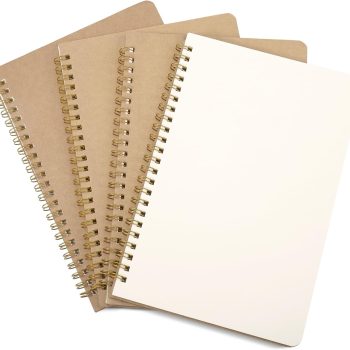 A5 blank spiral notebooks, 4-pack of A5 spiral-bound notebooks, 100 pages/50 blank sheets, kraft paper cover, spiral binding, suitable for sketching, diaries, notes, and planning.