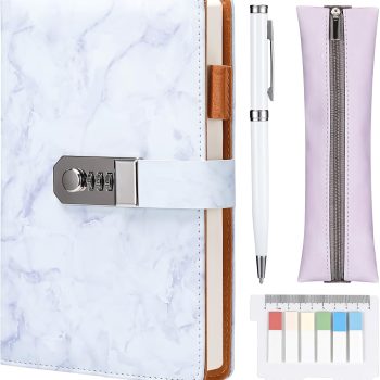Marble Pattern Lockable Diary, Suitable for Girls and Women, A5 Size, 300 Pages, Lockable, Secret Diary Set, Suitable for Teen Girls, Replaceable Refills, Includes Pen, Pencil Case and Index Stickers