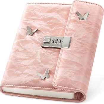 Women's A5 size lockable diary, replaceable inserts, 3-digit combination lock, 230 pages, pink velvet butterfly pattern, 8.5 inches x 6.3-inch