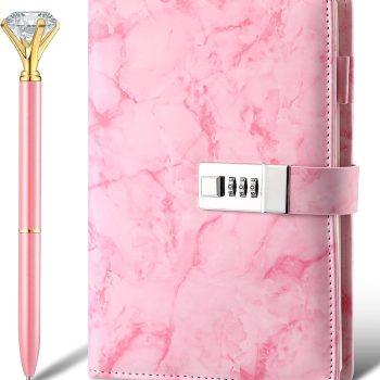 Lockable Diary, Marble Pattern PU Leather A5 Size, Combination Lock, Includes Diamond Pen, Back-to-School Gift, Unisex, Lockable Diary/Planner/Notebook (Pink, 1 book)