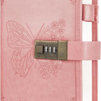 Locked diary, women's diary, vintage replaceable inner pages secret diary, notebook with combination lock, 5.3 inches x 7.8 inches (pink)