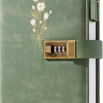 Locked diary, A5 leather diary, 260 pages, 100GSM Paper, suitable for girls and teenagers, secret floral pattern, replaceable refills, lockable diary, combination lock, 5.7 inches x 8.3 inches, green