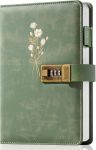 Locked diary, A5 leather diary, 260 pages, 100GSM Paper, suitable for girls and teenagers, secret floral pattern, replaceable refills, lockable diary, combination lock, 5.7 inches x 8.3 inches, green