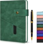 Green A5 lined leather notebooks, unisex, 5.9 x 8.4 inches, personalized hard cover notebooks, includes pen, 200 pages of 100g thick lined paper, suitable for school, travel, work, writing, and other daily notes