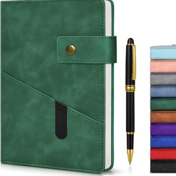 Green A5 lined leather notebooks, unisex, 5.9 x 8.4 inches, personalized hard cover notebooks, includes pen, 200 pages of 100g thick lined paper, suitable for school, travel, work, writing, and other daily notes
