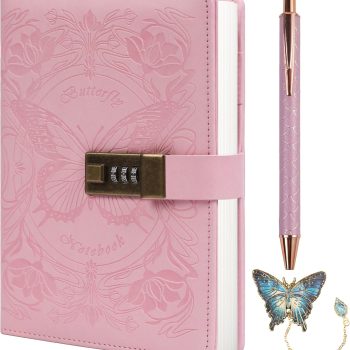 Women's/Girls' A5 Size Lockable Diary, with Lines, Butterfly Pattern, Comes with Pen and Bookmark, Replaceable Refills, Lockable Design, 224 Numbered Pages