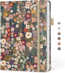 Women's Exquisite Lined Diary, hardcover genuine leather design, beautiful and cute writing diary, A5 university standard lined notebook, suitable for work and note-taking, suitable for office, school, and home, 160... Meadow floral pattern