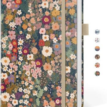 Women's Exquisite Lined Diary, hardcover genuine leather design, beautiful and cute writing diary, A5 university standard lined notebook, suitable for work and note-taking, suitable for office, school, and home, 160... Meadow floral pattern