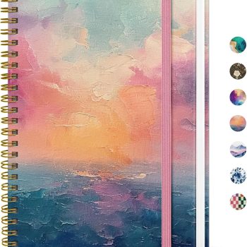 Women's A5 size (5.8 inches x 8.3 inches) spiral-bound notebook, beautiful hardcover, suitable for work, study, and note-taking, beautiful university standard line spacing, 140 pages, sunset pattern